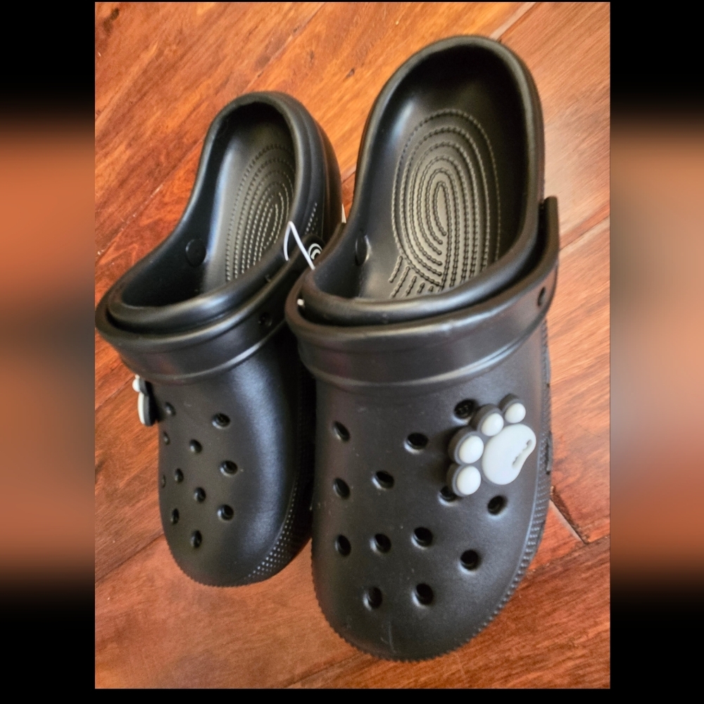 Adults Black Clog Shoes with Paw Charm. Very comfortable